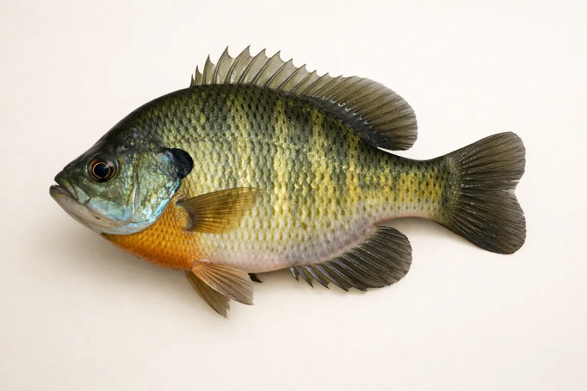 Encyclopedia-style reference visual for Bluegill with labeled recognition details and lookalike cues.