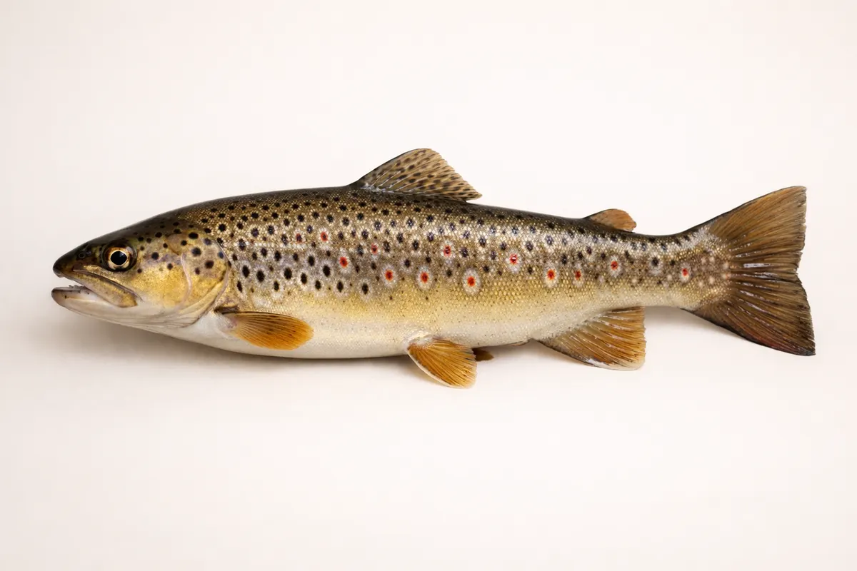 Encyclopedia-style reference visual for Brown Trout with labeled recognition details and lookalike cues.