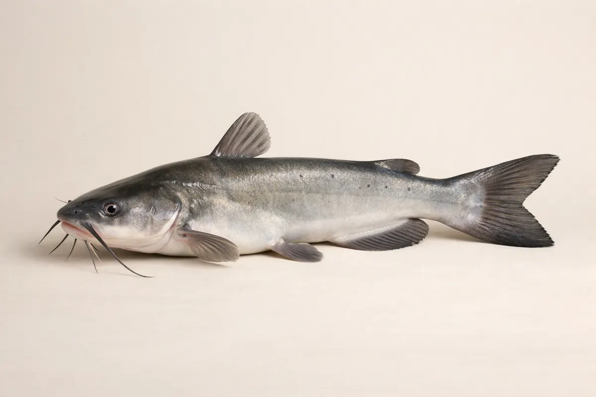 Illustrated catfish in side profile with a forked tail and visible barbels.