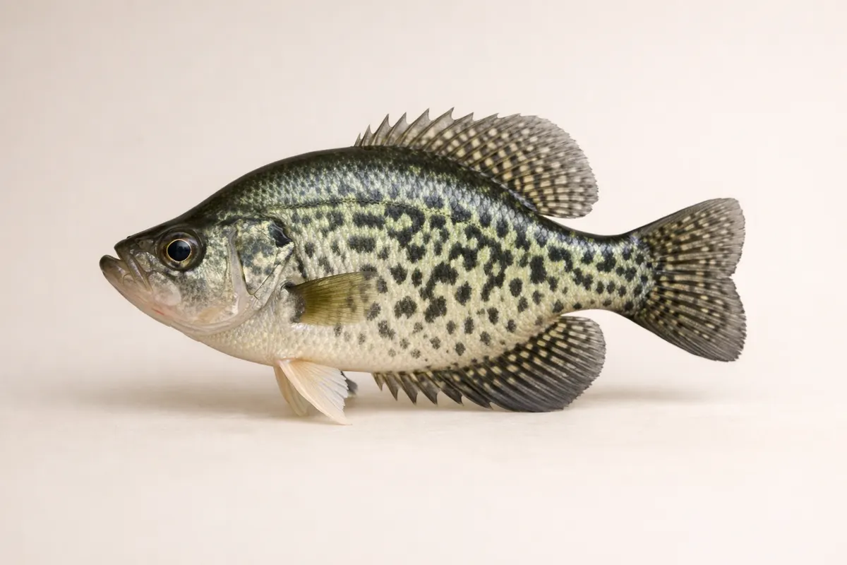 Encyclopedia-style reference visual for Crappie with labeled recognition details and lookalike cues.