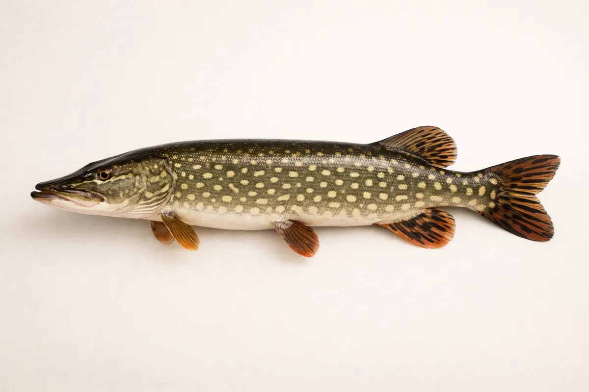 Encyclopedia-style reference visual for Northern Pike with labeled recognition details and lookalike cues.