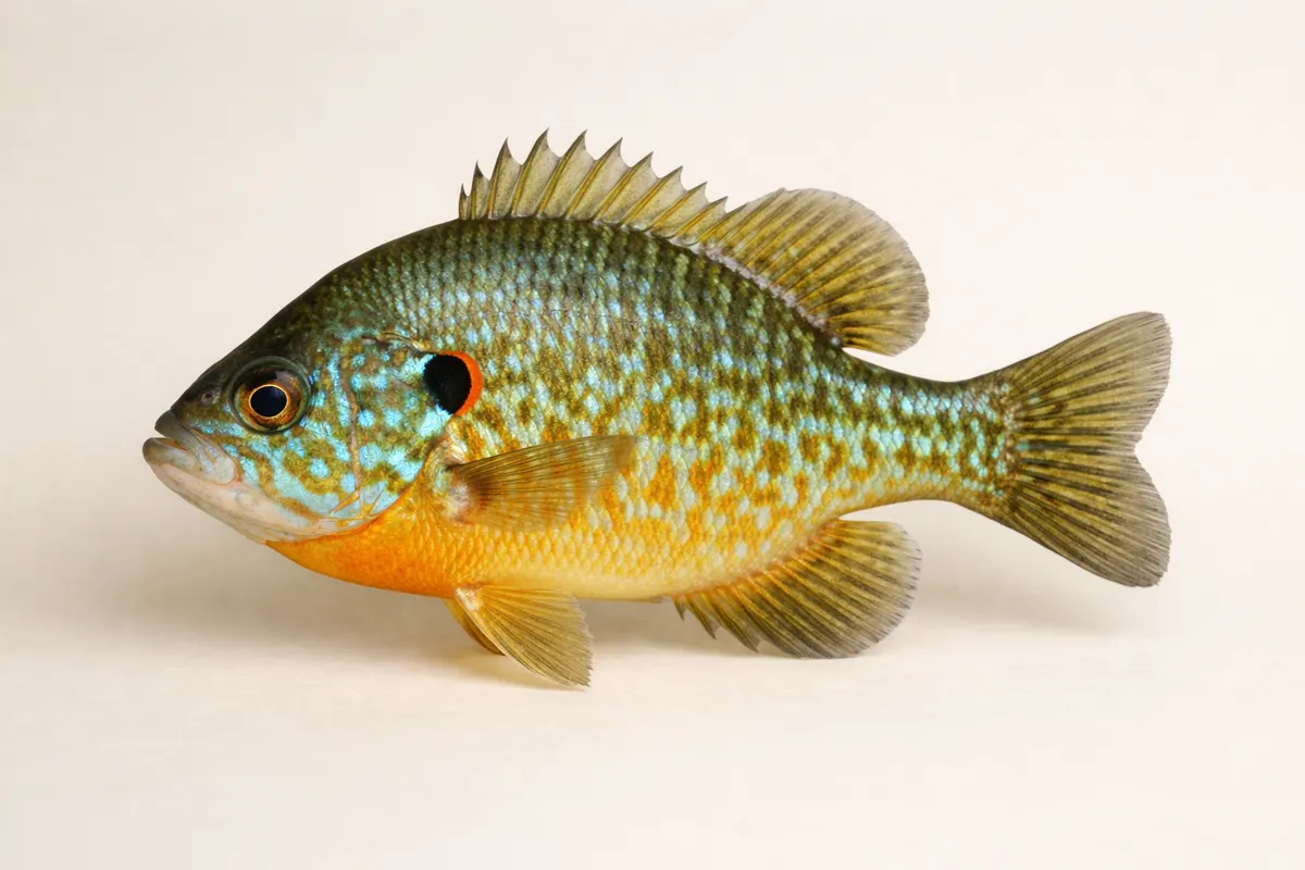 Encyclopedia-style reference visual for Pumpkinseed with labeled recognition details and lookalike cues.