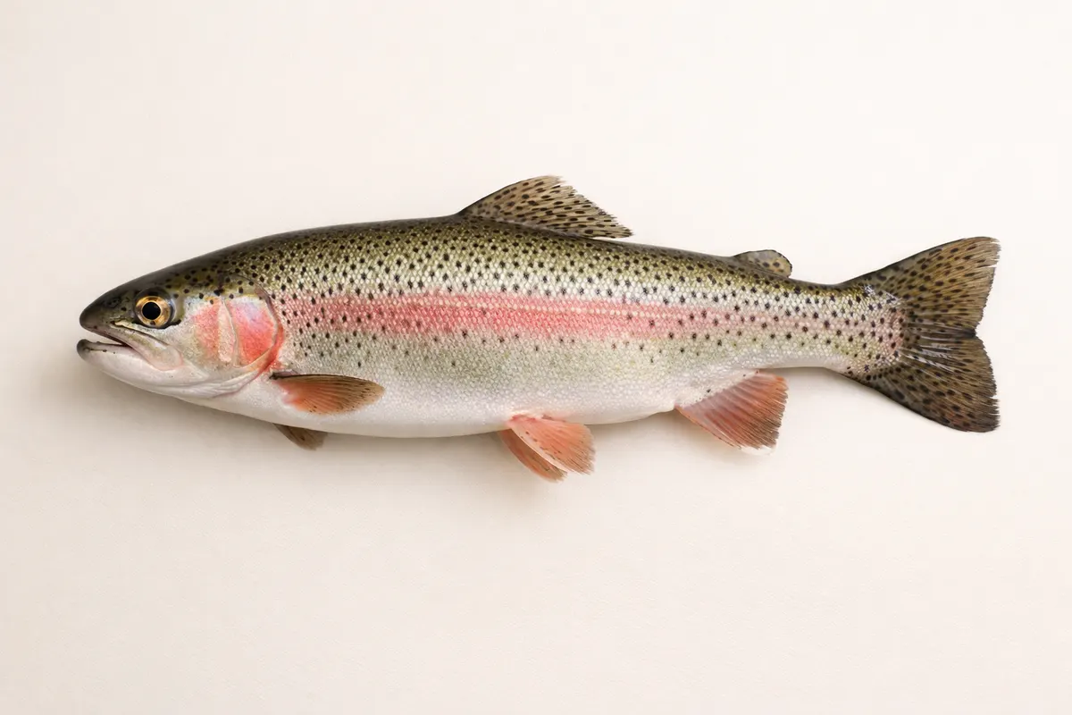 Encyclopedia-style reference visual for Rainbow Trout with labeled recognition details and lookalike cues.