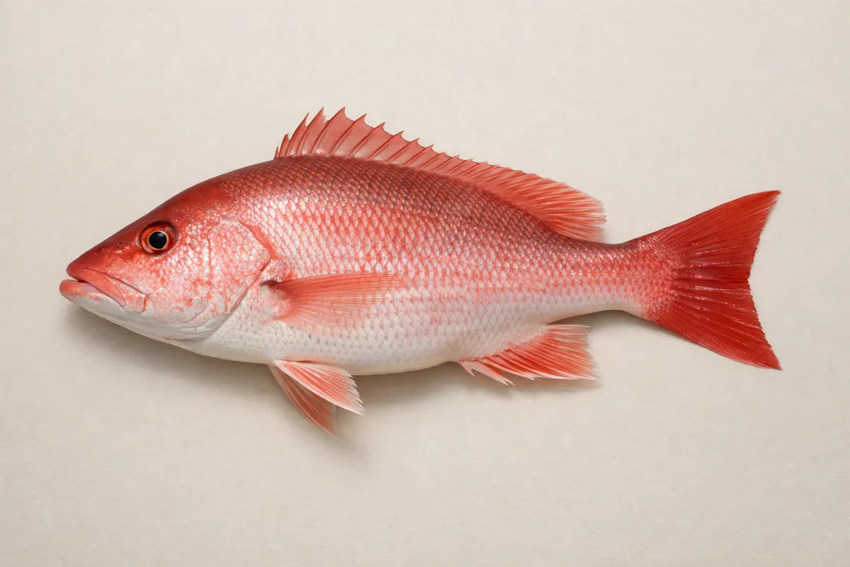 Encyclopedia-style reference visual for Red Snapper with labeled recognition details and lookalike cues.
