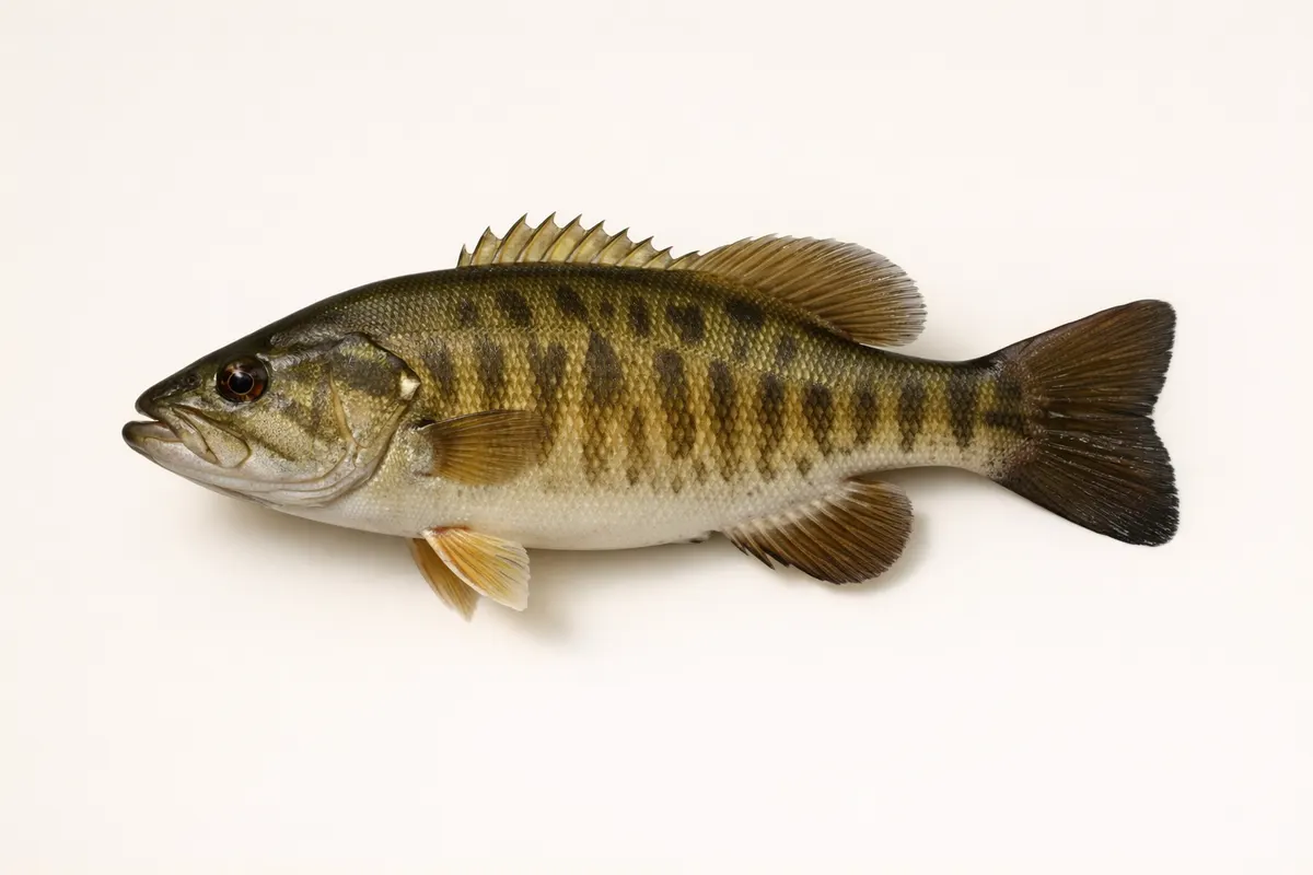 Encyclopedia-style reference visual for Smallmouth Bass with labeled recognition details and lookalike cues.