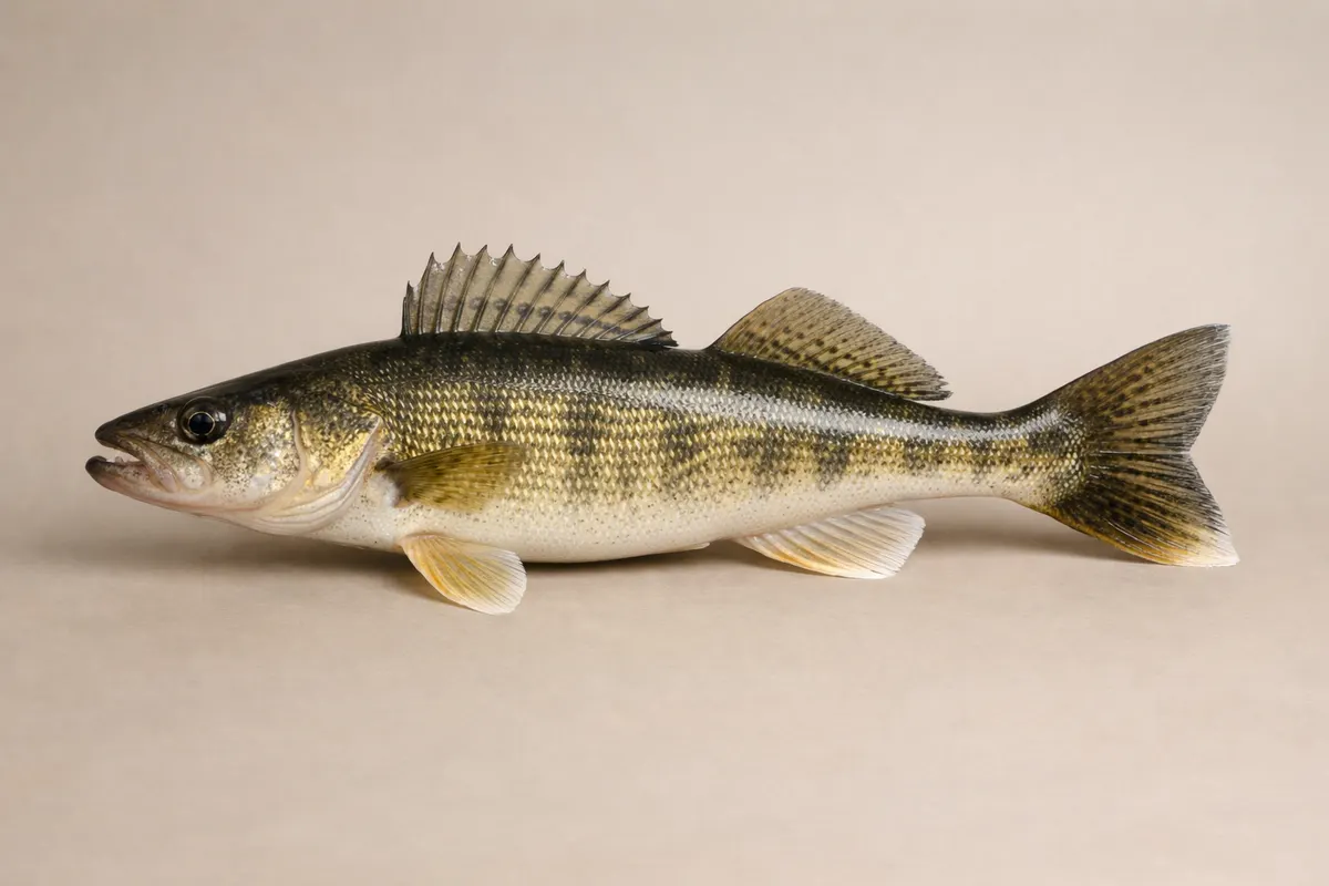 Encyclopedia-style reference visual for Walleye with labeled recognition details and lookalike cues.